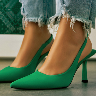 欧美包头后空细跟鞋绿色日常高跟大码凉鞋女Lazada Women Sandals