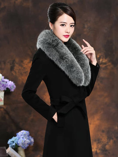 真狐狸毛领羊绒大衣女中长款加厚羊毛修身系带过膝气质大码外套