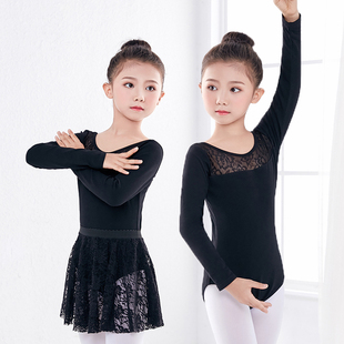 舞蹈服儿童女长袖中国舞上衣女童练功服套装黑色，少儿蕾丝跳舞体服