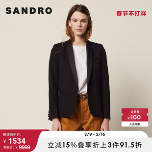 SANDRO Outlet女装黑色时髦法式优雅青一粒扣西装外套SFPVE00258