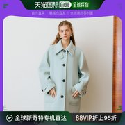 韩国直邮lookast女款大衣中长款双口袋羊毛，深蓝色翻领系扣复古