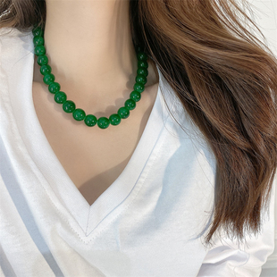 ins小众设计绿色玻璃圆珠项链高级感时尚气质锁骨链女2022年