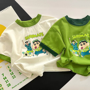 儿童韩版童装绿色时髦洋气纯棉T恤短袖中小童宝宝卡通印花潮