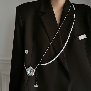 韩国镶钻花朵珍珠长款项链ins时尚气质斜挎链夸张金属冷淡风项饰
