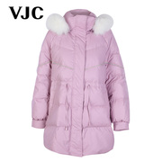 vjc威杰思秋冬女装粉色羽绒服中长款毛领，连帽保暖外套