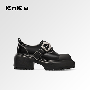 knkw厚底英伦风小皮鞋，女2024春增高复古黑色高跟系带粗跟单鞋