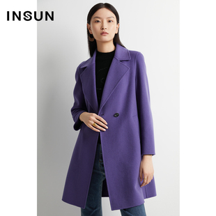 INSUN恩裳奥莱冬季双排扣紫色纯羊毛大衣