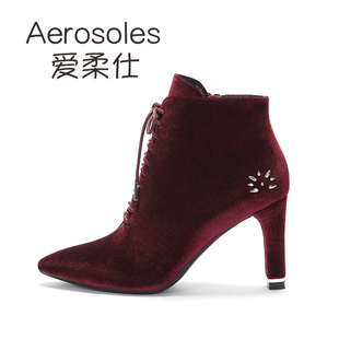 aerosoles爱柔仕秋冬天鹅绒系带尖头，高跟罗马女鞋短靴子5102