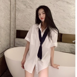 别致韩版上衣2024春季小众设计感宽松中长款白色衬衫女配领带