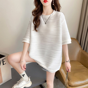 设计感小众短袖t恤女夏季韩版宽松大码女装，中长款半袖纯色上衣服