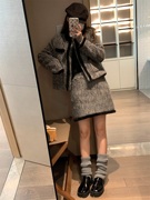 时髦撞色黑边小香风羊毛夹棉外套短裙，套装两件套韩国风(韩国风)气质灰奶白