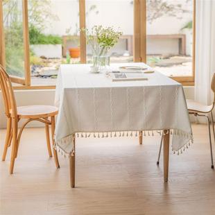 田园桌布白色绣花条纹长方形家用餐桌布茶几台棉麻小清新纯色中式