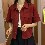 欧货牛仔衬衫外套女短袖2024夏韩版时尚，复古翻领设计感洋气上衣潮