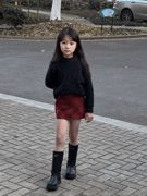 吉小可童装2023冬季儿童毛衣红色格子毛呢裙套装潮酷女童衣服