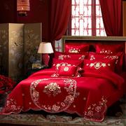 结婚庆被套床上四件套全棉纯棉，刺绣喜被罩4件大红色，婚房喜庆床品