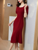 雪纺连衣裙夏季短袖修身气质，红色礼服长裙宴会，礼服显瘦鱼尾裙