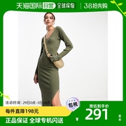 香港直邮潮奢 ASOS 女士设计针织V领罗纹中长连衣裙(卡其色)