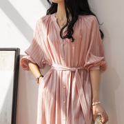 高级感粉色条纹天丝长裙连衣裙夏女法式复古宽松系带衬衫惊艳长裙