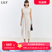 LILY2024夏温柔米色复古飘逸气质通勤微光无袖高腰连衣裙长裙