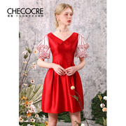茬客高级感女装v领蝴蝶设计高腰a字连衣裙气质显瘦红色小礼服