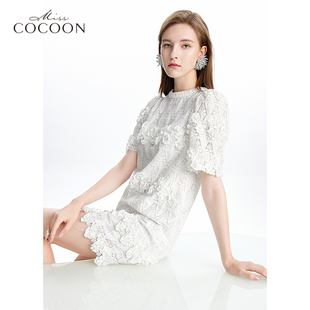 MISSCOCOON法式白色水溶蕾丝连衣裙女夏2024短袖宽松中长裙子