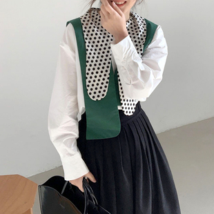 韩国chic小众波点不规则翻领，拼接长袖衬衫+高腰，压褶半身裙套装女