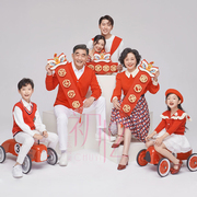 影楼全家福主题摄影服装家庭装一家六口拍照中国年红色毛衣亲子装