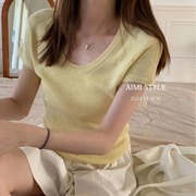 浅淡奶油黄色短袖冰丝针织T恤杭州四季青广州十三行女装高端上衣
