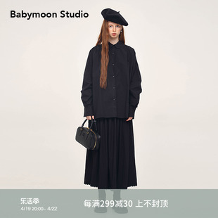 babymoon小众设计娃娃领纯棉，上衣2023秋冬黑色，长袖衬衫女