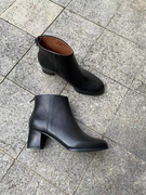 欧美舒适短靴圆头中跟黑色进口牛皮粗跟短靴清货清货