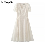 拉夏贝尔lachapelle设计感v领刺绣短袖连衣裙，女夏季显瘦a字裙子