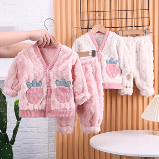 女宝宝冬装家居服1周岁一6七8八9九11十个月婴儿睡衣分体加绒套装