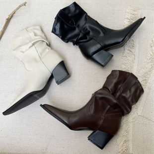 骑士靴女鞋2023秋冬季高跟复古中筒靴，v口尖头西部堆堆短靴子