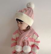 婴儿帽子冬季针织兔子毛线，帽围巾套装，男女宝宝秋冬天保暖加绒加厚