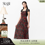SUSSI/古色23夏黑色雪纺碎花方领法式短袖度假连衣裙女