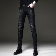 高端帅气黑色牛仔j裤男韩版修身时尚小脚，裤潮流刮烂休闲长裤