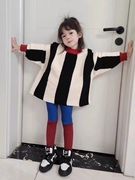 韩版女宝宝时尚拼色中长款上衣外穿毛衣秋冬季女童长袖针织套头衫