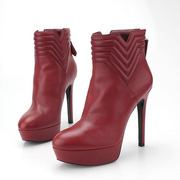 莎莎苏37皮靴子女红色短靴高跟鞋网红尖头细跟裸靴性感高跟瘦瘦靴