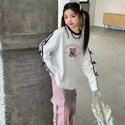 女童春秋季t恤中大童潮流洋气立体蝴蝶结宽松上衣韩版休闲打底衫