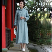 春秋季茶服中国风复古亚麻，长袖连衣裙女立领中长裙纯色禅意袍子