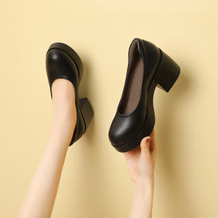 黑色小皮鞋女2024真皮工作鞋，小个子厚底圆头，粗跟气质高跟单鞋