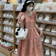 1683复古格子方领泡泡裙短袖，宽松连衣裙小个子甜美棉布裙子