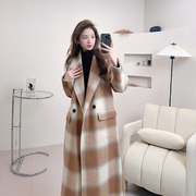 格子双面绒羊毛大衣女2023秋冬韩版高端氛围，感中长款毛呢外套