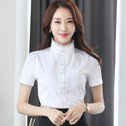 2020夏季立领白色蕾丝，衫韩版打底衫女短袖，衬衫显瘦雪纺上衣