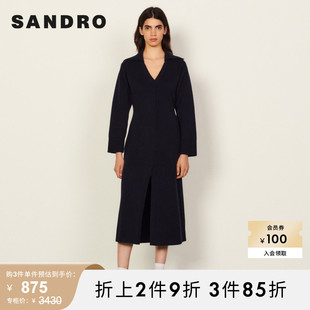 SANDRO Outlet女装优雅彼得潘领收腰深蓝色针织连衣裙SFPRO01967