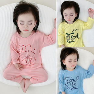 婴儿连体衣长袖薄款春夏莫代尔冰丝卡通兔子睡衣婴幼宝宝空调衣服
