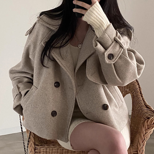 韩国chic秋冬法式复古西装领双排，扣口袋小众宽松百搭毛呢短外套女