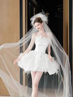 法式白色缎面抹胸鸵鸟毛气质(毛，气质)宴会年会生日派对，订婚领证小晚礼服裙
