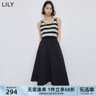 lily2024春女装复古拼接条纹时尚通勤款，优雅针织连衣裙小黑裙