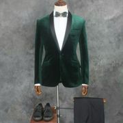 男士主持人西服套装婚礼，影楼男司仪礼服韩版修身绒料青果领绿西装